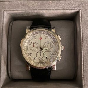 Michelle silver tone diamond watch with black patent leather band